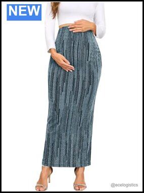 Maternity Sparkly Maxi Pencil Skirt Adjustable Waist Over Belly Stretchy